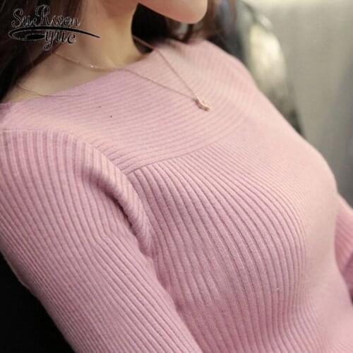 Slim Long Sleeved Shirt Autumn Winter Korean Solid Women Collar Sweater All-match One-neck Female Thread Tight Pullover 6737 50