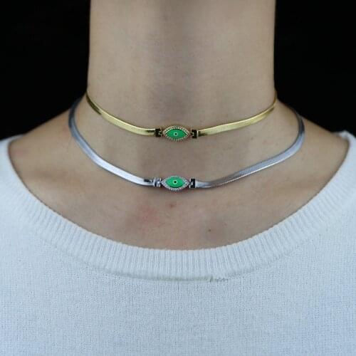 4mm Herringbone Chain Green Enamel Evil Eye Charm Choker Necklace 32+10cm Lucky Turkish Jewelry