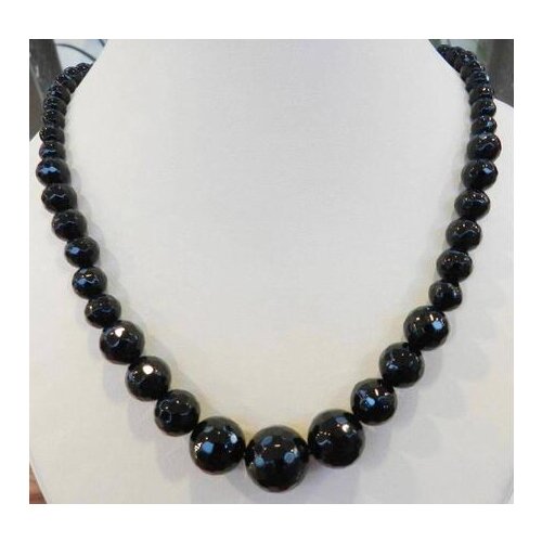 Faceted 6-14mm Black Agate Round Onyx Gems Beads Necklace 18"