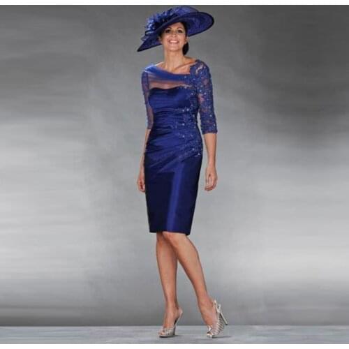 Unique Royal Blue Sheath Knee Length Lace Applique Mother of the Bride Dresses With Three Quarter Sleeve Wedding Guest Gown 2021