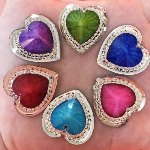 DIY 6pcs 25mm Resin Heart Crack Flatback Rhinestone Wedding 2 Hole Button Craft R67