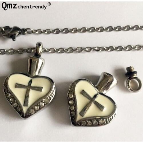 Stainless Steel Tibetan Enameled White Cross Crystal Heart Pendants Cremation Ash Urns Necklace Memorial Keepsake Ashes Jewelry