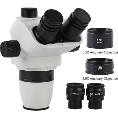Simul-Focal 6.7X-45X Continuous Zoom Trinocular Stereo Microscope Head WF10X/22MM Wide Field Eyepieces+0.5X 2X Barlow Lens