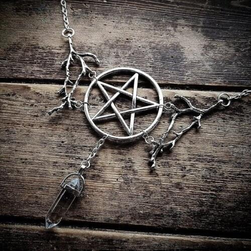 Punk Pagan Inspired Pentagram and Quartz Branches Necklace Gothic Witch Jewelry Goth Statement pendant Magic Wiccan Gift Women