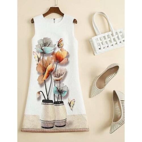 Womens European and American wear 2021 summer new style Sleeveless flower vase printing Fashionable jacquard dresses