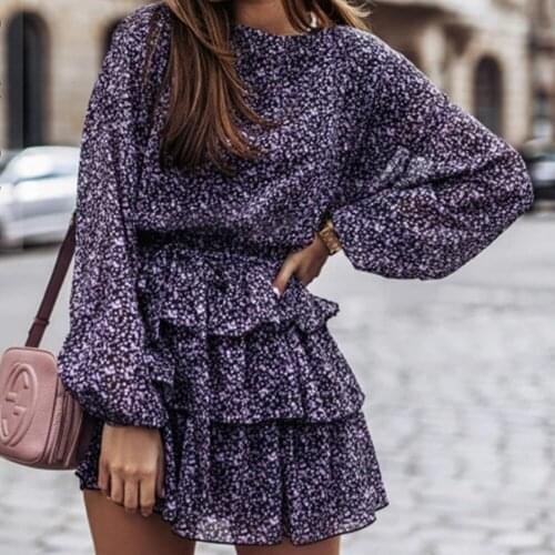 Women Floral Print Dress Elegant Lantern Sleeve Casual Ruffles Dress Office Lady Purple Black Dress Female Mini Party Vestidos
