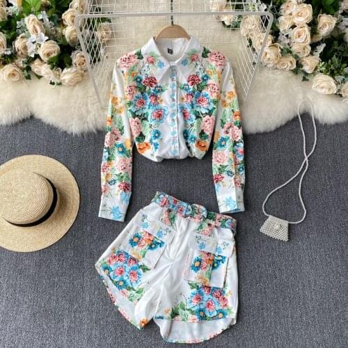 Beachapche Ladies Elegant Suit Retro Print Shirt Long Sleeve Top High Waist Wide Leg Shorts Fashionable Two Piece Set 2 Pc Match
