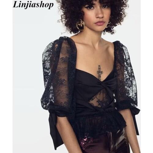 Sonia lace top black women crop top bow tie elastic smocked back sexy tops and blouses female 2020 spring summer tops
