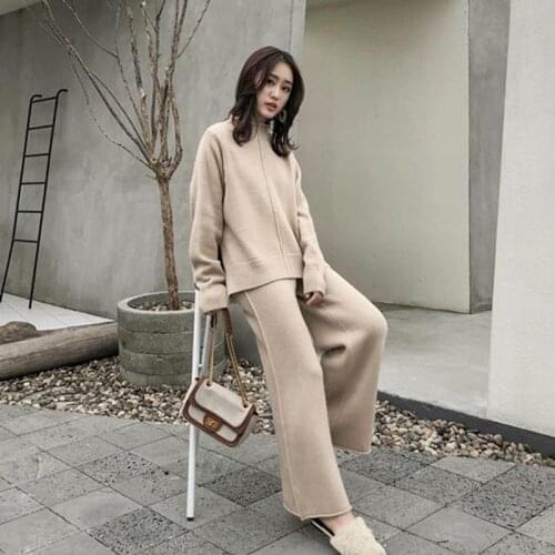2020 Winter Womens Thicken Warm Knitted Set 2 Pieces Half Turtleneck Sweater And Knitted Trousers Loose Pullovers Wide Leg Pant