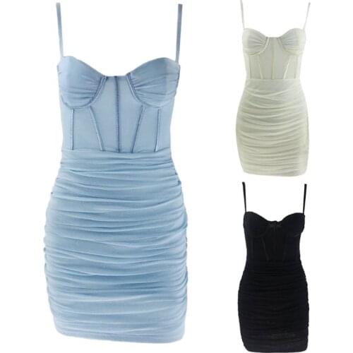 Women Spaghetti Strap Bodycon Corset Mesh Mini Sling Dress Solid Color Sexy Off Shoulder Backless Ruched Party Clubwear