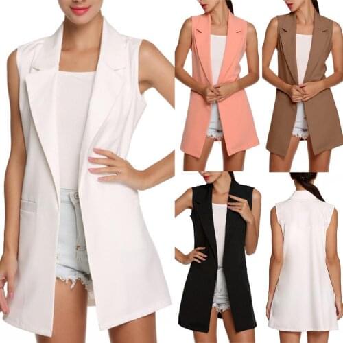 Women Solid Color Sleeveless Slims Fit Long Lapel Pocket Waistcoat Formal Vest Sleeveless Design Solid Color Lapel vest