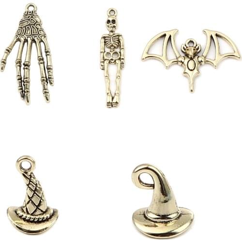10 PCs Halloween Bat Animal Skeleton Skull Charms Zinc Based Alloy Halloween Pendants Antique Gold Color For DIY Jewelry Making