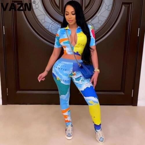 VAZN 2020 Top Quality Sexy High Street Soft Fancy Retro Young Full Sleeve High Waist Long Pants Skinny Women 2 Piece Set
