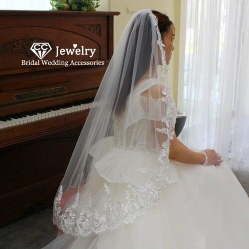 CC Bridal Head Veil Wedding Hair Accessories for Women Long White Ivory Veils With Combs One Layer Lace Appliqued Headpiece V686