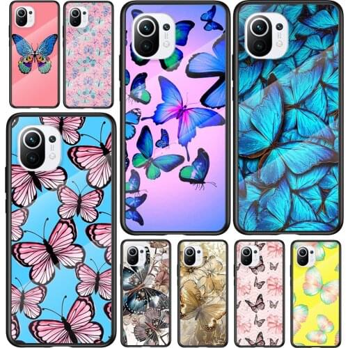 Tempered Glass Cover Pink Butterfly Fly For Xiaomi Mi 11 11i 10T CC9E CC9 9T Note 10 Ultra Pro Lite 5G Phone Case