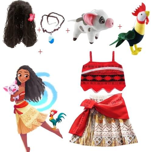 Kids Girls Clothes Cosplay Princess Dress Moana Children Vaiana Girls Party Costume Dresses with Necklace Pet Pig Chick Girl Set