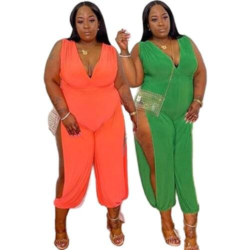 Summer One Piece Outfit Jumpsuit Women Plus Size Clothes Wholesale Sleeveless V Neck Hollow Out Ladies Jumpsuits Dropshipping
