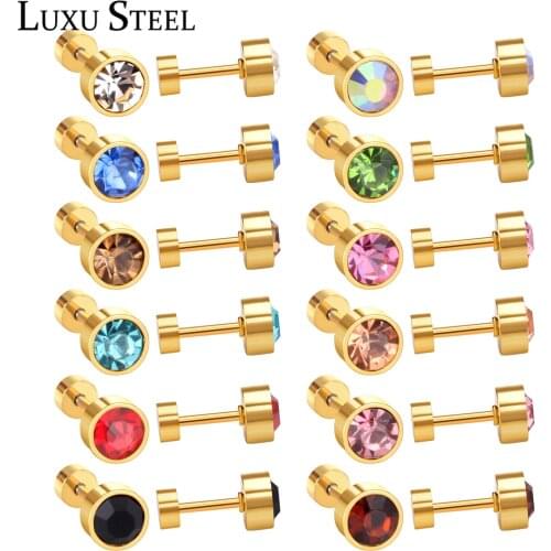 LUXUSTEEL 12Pairs/lots Wholesale Anti-allergy Round Colorful Cubic Zirconia Screw Stud Earrings Size 3mm /6mm Baby/Lady Earrings