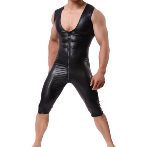 Men Bodysuit Sexy Lingerie Leather Gay Front Zipper Underwear Stage Dancewear Corsets Man Leotard Bodysuit Costumes Bodystocking