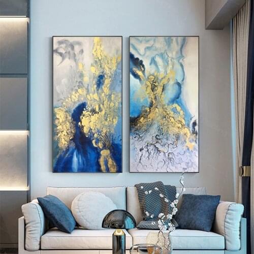 Blue Abstract Hand Painted Canvas Painting Wall Art Picture For Living Room Home Decoration Two Pieces Salon