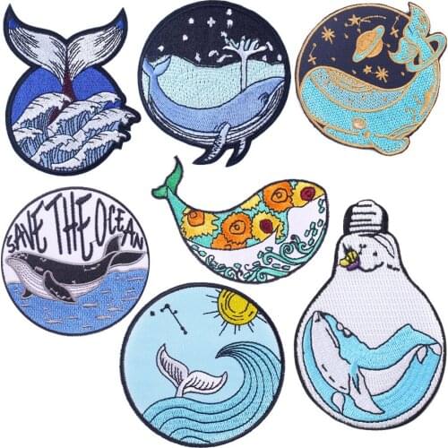 Cartoon Whales Embroidery Patches Iron on Sharks Appliques on Clothes Environmental Protection Slogan Badges Cute Anime Patches