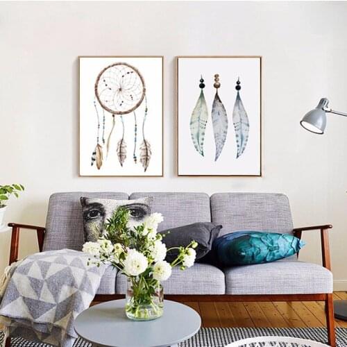 Feather Deer Art Canvas Painting Nordic Modern Abstract Watercolor Decorative Painting Living Room Dream Catcher Wall Art Canvas