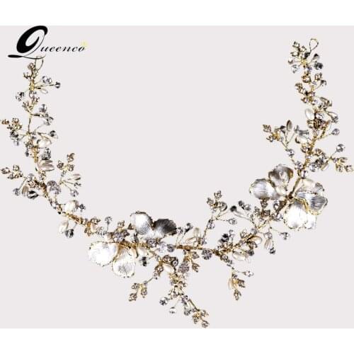 New Wedding Tiara Bridal Headband Wedding Headpiece and Golden color Hairband With Pearls Rhinestones Floral Bridal Hair Vines