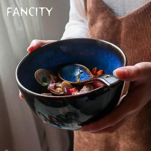 FANCITY Personality Japanese and Korean Creative Fashion Ceramic Bowl Soup Bowl Household Large Size Noodle Bowl Retro Ceramic