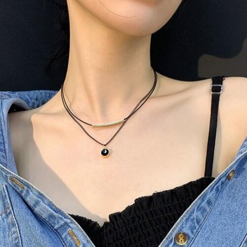 Korean Fashion Necklace Double Layer Black Chain Crystal Pendant Choker Necklaces For Women Girls