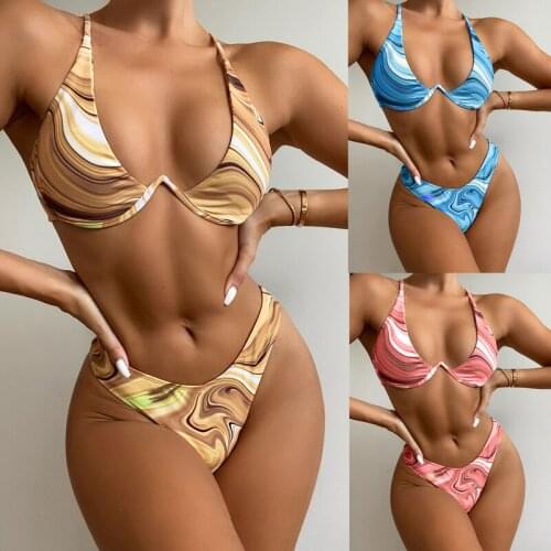 Sexi Bikini Hot Two-Piece Set Wire Push Up Swimsuit Geo Print Low Waist Adjustable Straps Female Bodysuit Women Swimwear 2021 W