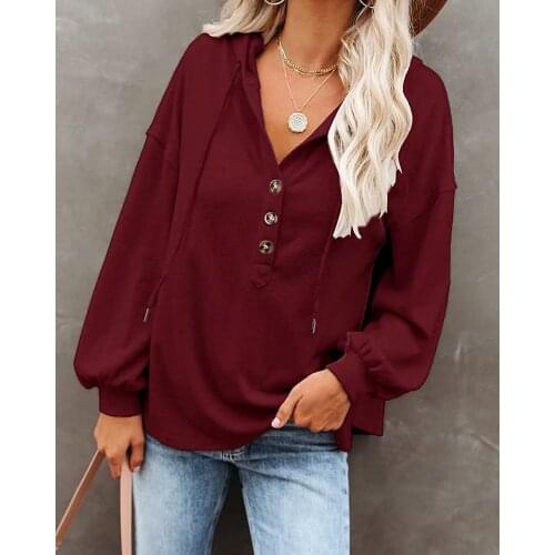 Hoodies Women Spring Autumn Solid Color Hooded Button V-Neck Long Sleeve Sweatshirts Womens Clothing 2021 Casual Loose Y2K Tops