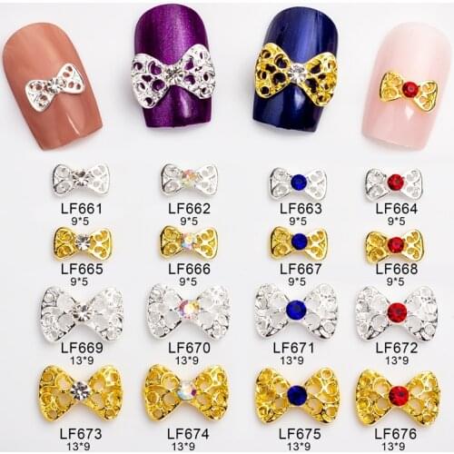 20Pcs Gold/Silver 2 Sizes Bow Nail Charms Hollow Bowtie Nail Art Design Alloy Gems Crystal Rhinestones Manicure Strass For Nails