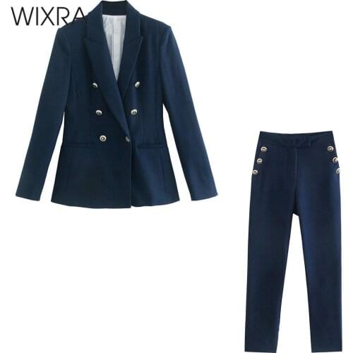 Wixra Women Navy Blazer Sets Double Breasted Notched Top+Straight Pants Street Style Office Lady Autumn Spring
