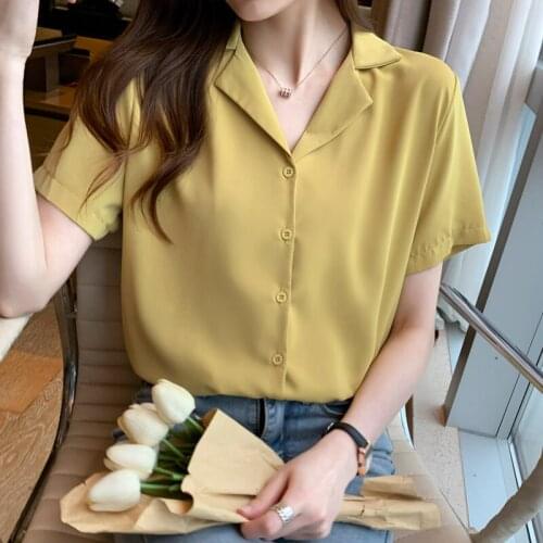 2021 Korean Fashion Women Blouses and Top Ladies Solid Color V-neck Shirt Loose Short Sleeve Chiffon Button Blusas Female 0951