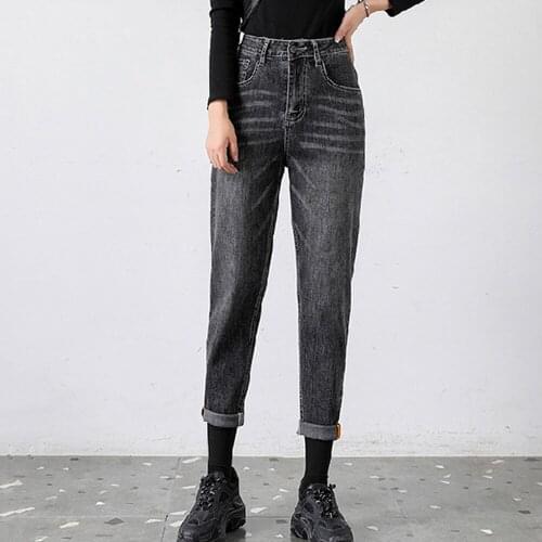 Women High Waisted Pants Vintage Black Denim Stretch Boyfriend Style Loose Casual Spring Autumn Light Blue Water Wash Jeans