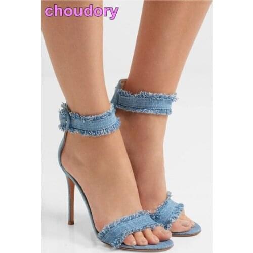Fashion Blue Jean Women Sandals Thin High Heel Denim Open Toe Retro Pumps Ankle Buckle Single Strap Shoes Hot Selling Footwear