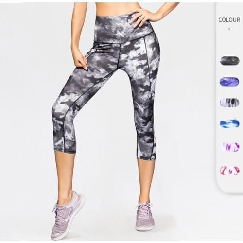 Womens printed high-waist cropped trousers, diagonal pockets, fitness, running, yoga, quick-drying tight-fitting cropped trouse