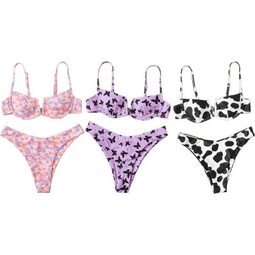 Women Sexy 2pcs Bikini Set V-Neck Underwire Swimsuit Floral Cow Bathing Suit L43E