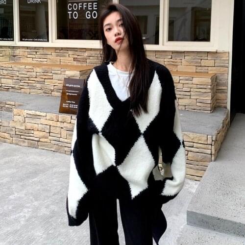 Lazy Casual Pull Femme Loose Pullovers V Neck Argyle Sweater Knitted Autumn Retro Long Sleeve Plaid Knitwear Top Outwear