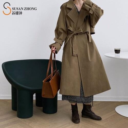 Women Female Lady Coat Trench Storm Flap With Belt Open Collar Back Slit Lining Loose Oversize Raglan Sleeve Strap Cuff Autumn