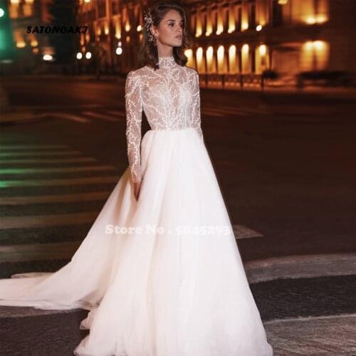 Luxury Wedding Dresses for Women 2021 Tulle Lace High Collar Full Sleeve A-Line Bridal Gowns Robe De Mariée Vestidos Sukienka