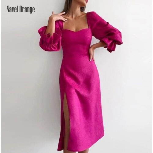 Women Square Collar Flare Sleeve Split Party Dress Summer Casual Hollow Out Solid Ladies Dress Three Quarter Sleeve Streetwear