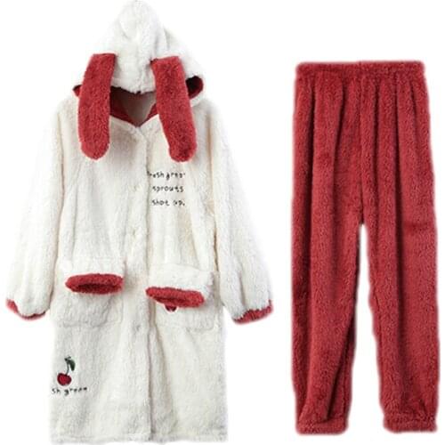 VSUE Winter Pajamas Set Women Sleepwear Warm Coral Velvet Letter Embroidery Pajamas White Homewear Thick Home Suit A0001