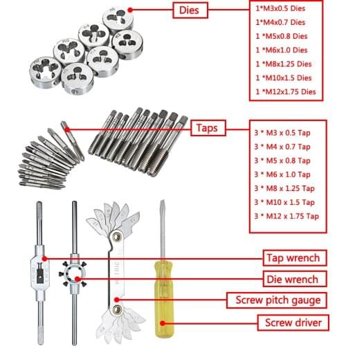 32PCS HSS Tap and Die Set Metric Wrench Cut M3-M12 Hand Threading Tool Tap Die Screw Thread Making Tool Bit Set with Metal Case