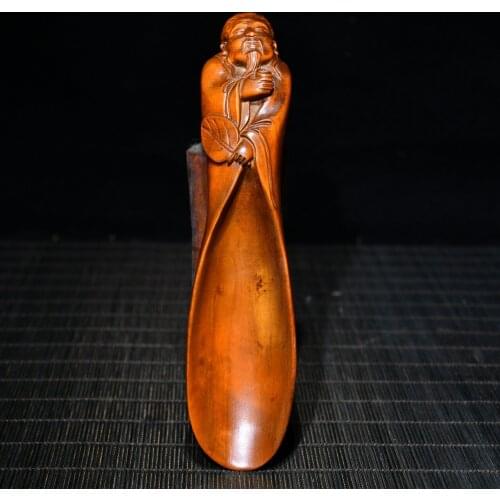 6"China Lucky Old Boxwood Hand-carved Lu Yu Tea god statue Tea spoon Medicine spoon Tea ceremony tool Office Ornaments