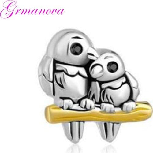 Magpie mother and daughter charm beads black rhinestones handmade DIY jewelry Fit Pandora Bracelet Necklace