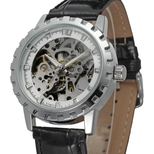 2019 Fashion Winner Top Brand Vintage Black Genuine leather Men Sports Clock Mechanical Skeleton Clock For Gift Wrist Watches