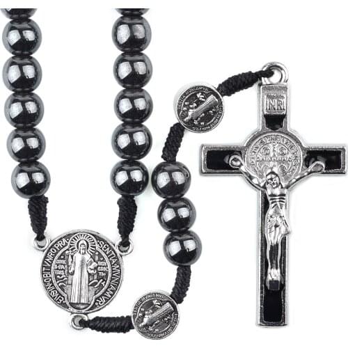 St Benedict Cording Rosary 8mm Hematite Beads Religious Cross Necklace Catholic Black Woven Rosaries