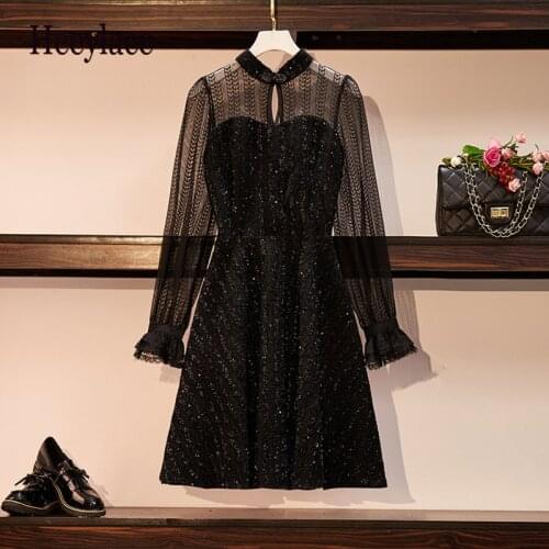 Plus Size Women Elegant party Dress Autumn 2020 See-through Mesh Long Sleeve Patchwork Lace High Waist Sequined Tweed Dresses