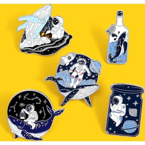 Astronaut whale backpack Enamel Brooch Spaceship constellation Rocket Planet Water Bottle Badges Jewelry Gifts for Explorers
